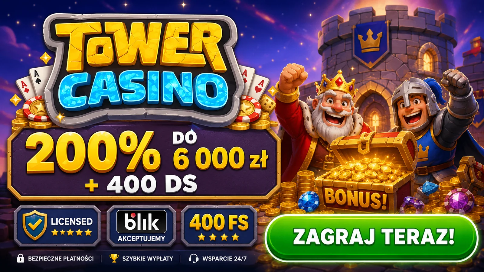 TowerCasino bonus powitalny 200% do 6 000 zł + 400 DS